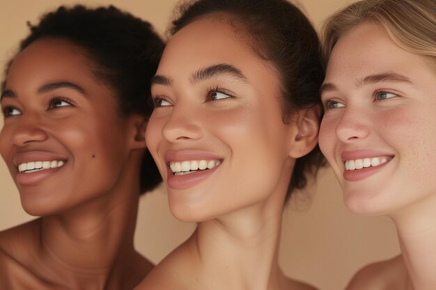 Foto retrato en primer plano de tres mujeres alegres con sonrisas radiantes que muestran amistad y buceo