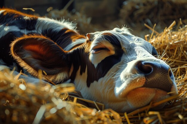 Retrato en primer plano de una vaca ternera de holstein acostada y durmiendo en paja dentro de una granja lechera con luz solar