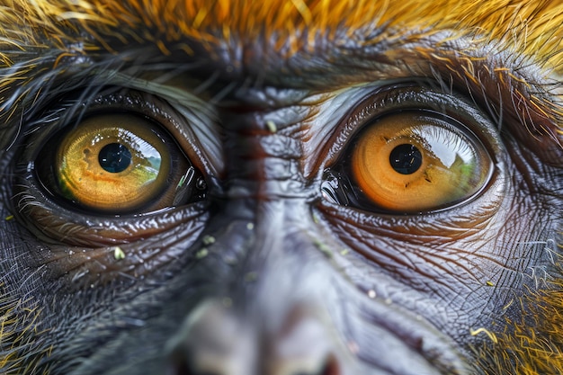 Retrato en primer plano de un vibrante mono naranja y negro con ojos amarillos penetrantes