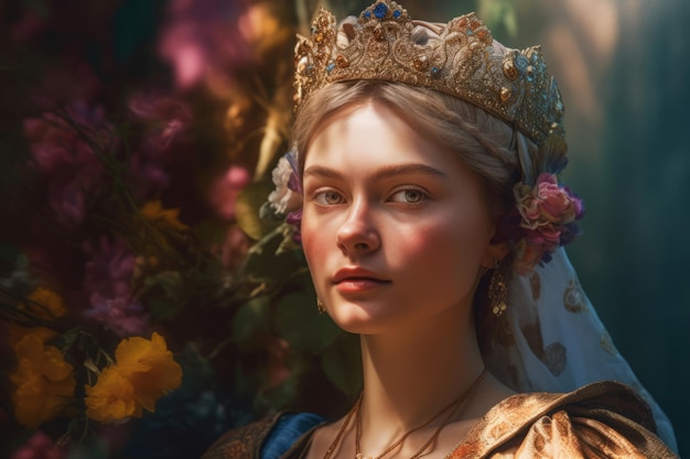 Retrato de princesa medieval reina de fantasía retro Generar Ai