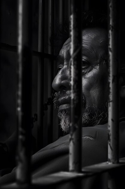 Foto retrato de un prisionero en una celda en blanco y negro