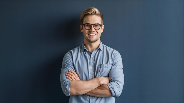 Retrato de profesional creativo hombre empleado guapo con cabello rubio brazos cruzados y sonriendo