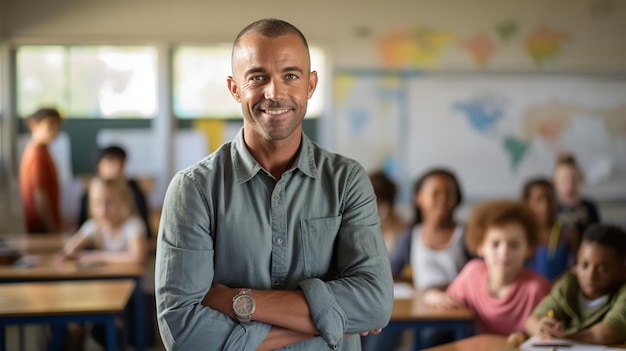 Un retrato de un profesor en una clase con sus alumnos IA generativa