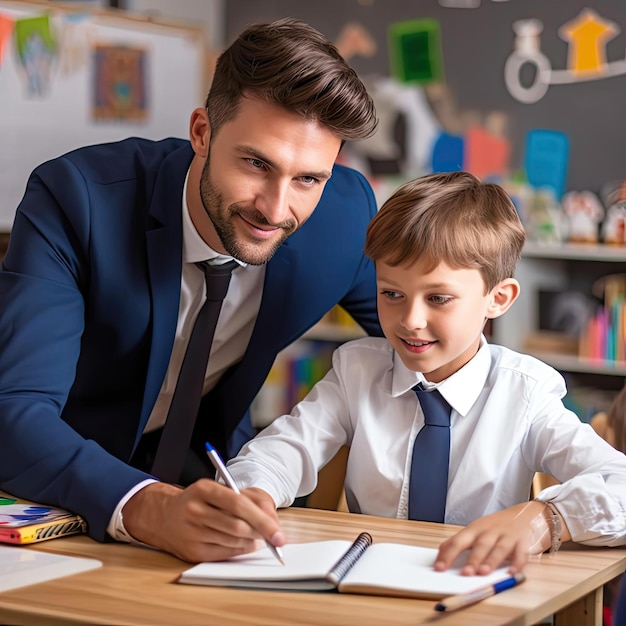 Retrato de profesor sonriente y colegial en ropa formal escribiendo en un cuaderno en la escuela