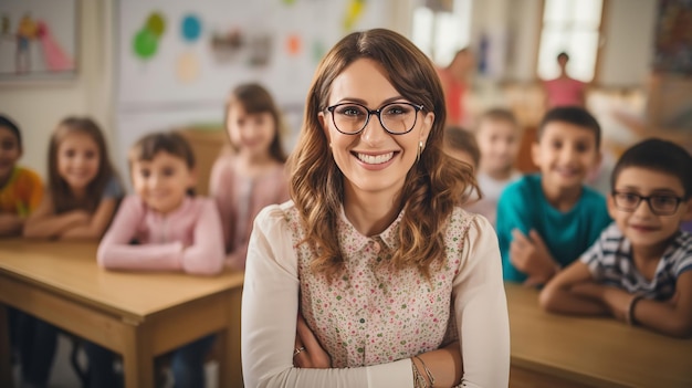 Un retrato de una profesora en una clase con sus alumnos IA generativa