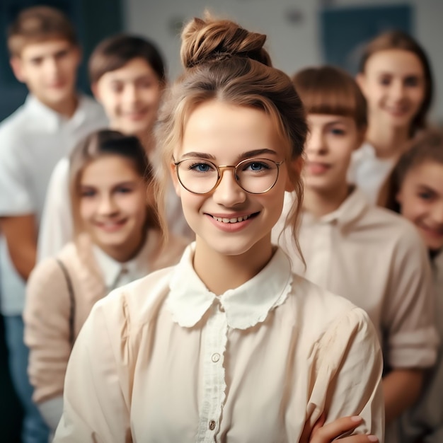 Retrato de una profesora sonriente posando ante la cámara con sus alumnos