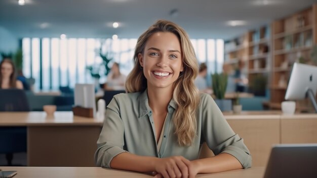 Retrato de una programadora feliz y exitosa dentro de la oficina en el lugar de trabajo trabajadora sonriendo y baja