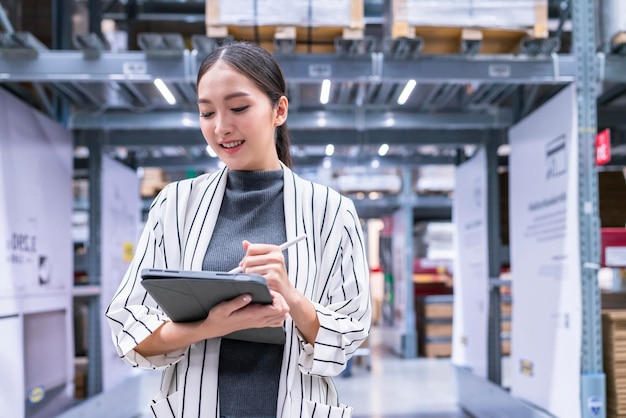 Retrato de la propietaria de una empresa asiática que usa una tableta digital para verificar la cantidad de inventario de productos en stock en el estante del almacén de distribución, el servicio de envío y entrega comercial de fábrica logística