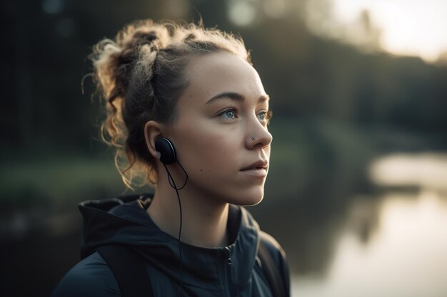 Retrato próximo de uma pessoa esportiva ouvindo música enquanto corre ao ar livre