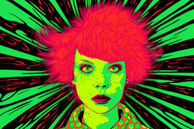 Retrato psicodélico de una mujer con cabello rosa neón y ojos verdes vibrantes
