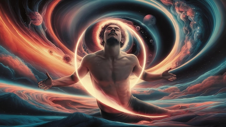 Foto retrato psicodélico surrealista del hombre proyección astral al universo