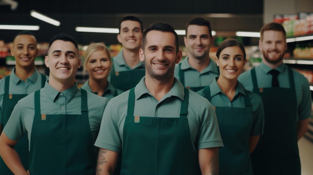 Retrato publicitário de uma equipe de trabalhadores felizes de pé juntos em um supermercado e eles olham para a câmera xA