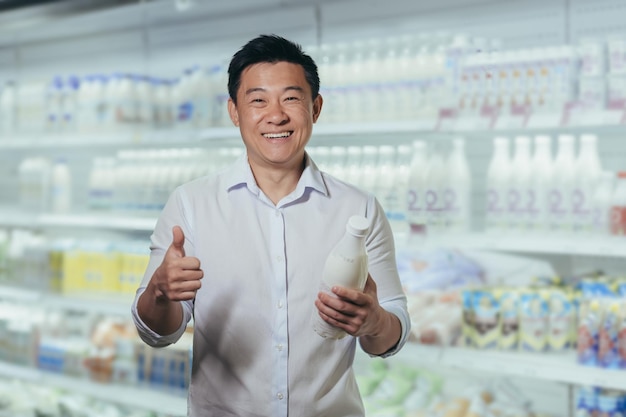 Retrato publicitario de un joven apuesto asiático parado en un supermercado en el departamento de productos lácteos