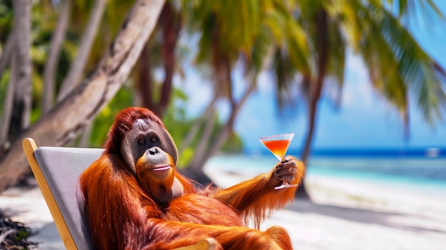 Foto retrato publicitario de un orangután en una sillona en la playa con un vaso de martini