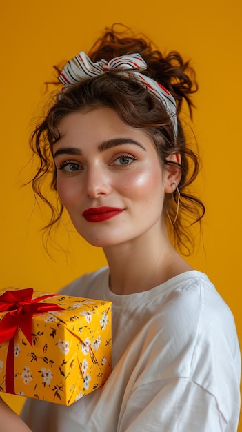 retrato publicitario en vista frontal mujer griega con una gran caja de regalos sonriente camiseta de moda