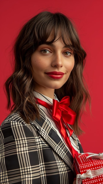 retrato publicitario en vista frontal mujer italiana con una gran caja de regalos sonriente traje de moda