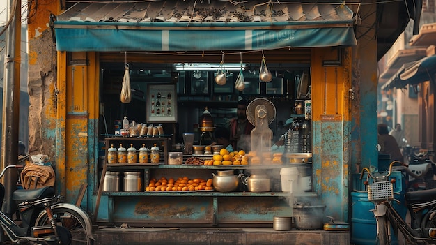 Retrato de un puesto de té indio local con un gran espacio delante de él para el producto o el fondo de texto IA generativa