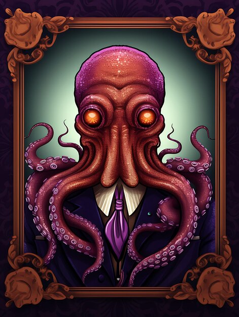 Retrato de pulpo con chaleco y monocle con P enrollado Cartel vintage 2D Flat Design Art