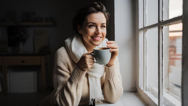 Foto retrato quente de mulher sentada no peitoral da janela com uma chávena de chá quente e café vestindo suéter e s branco