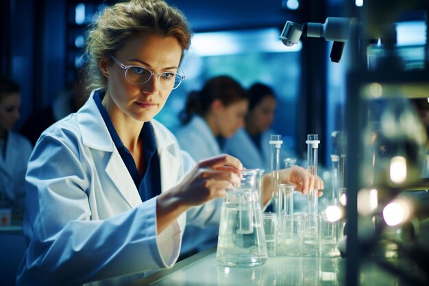 Retrato de una química con gafas trabajando en un laboratorio moderno con tubos de ensayo