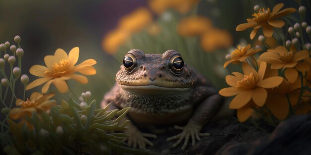 Retrato de una rana con un arbusto de flores al fondo IA generativa