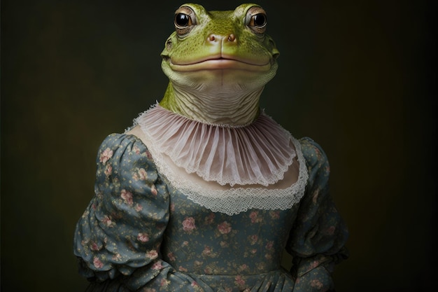 Retrato de rana en un vestido victoriano