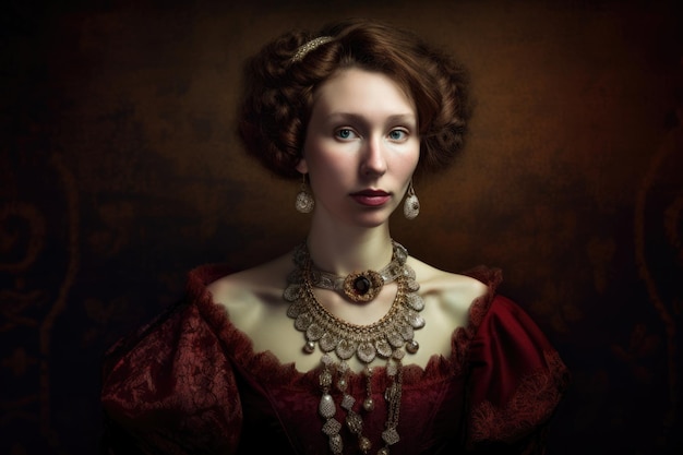 Retrato real de uma mulher com uma coroa de ouro e um colar de renda ornamentado contra um luxuoso