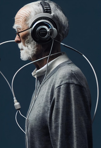 Retrato realista de un abuelo en un estilo ciberpunk futurista con auriculares cibernéticos