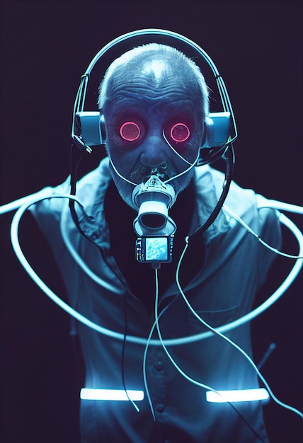 Retrato realista de un abuelo en un estilo ciberpunk futurista con auriculares cibernéticos