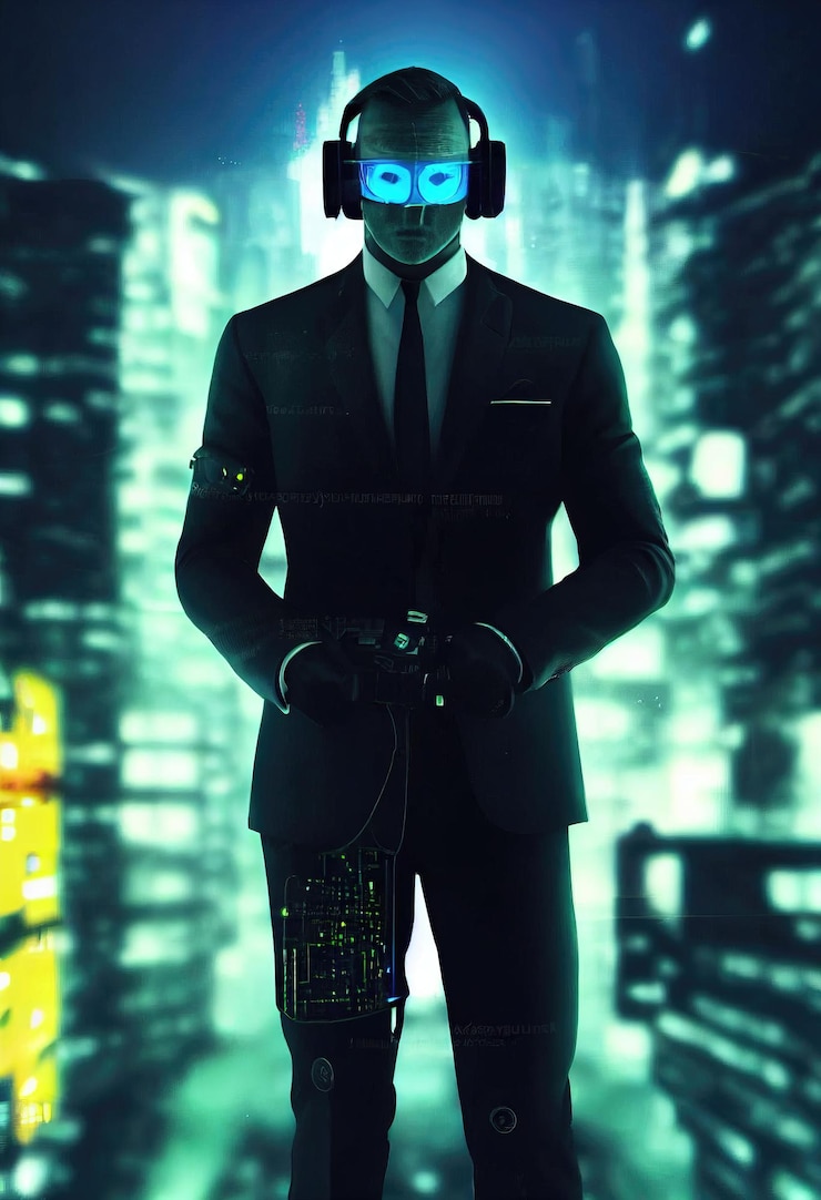 Foto retrato realista de un agente secreto de ciencia ficción. agente secreto futurista de alta tecnología del futuro