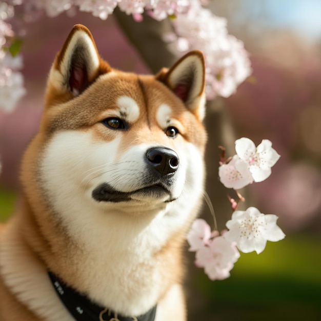 Retrato realista arrebatador de akita inu com flor e fundo ao ar livre