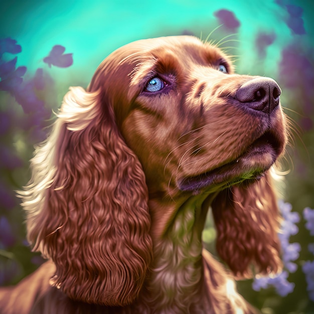 Retrato realista arrebatador de cachorro cocker spaniel inglês feliz na natureza