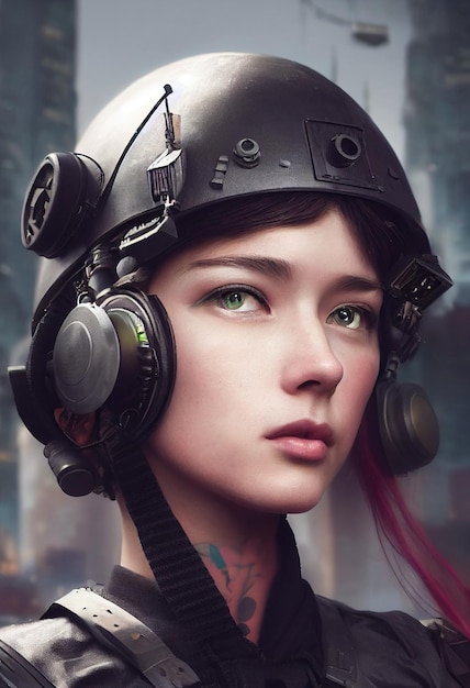 Retrato realista de una chica ciberpunk de ciencia ficción en un traje cibernético Hombre futurista de alta tecnología del futuro