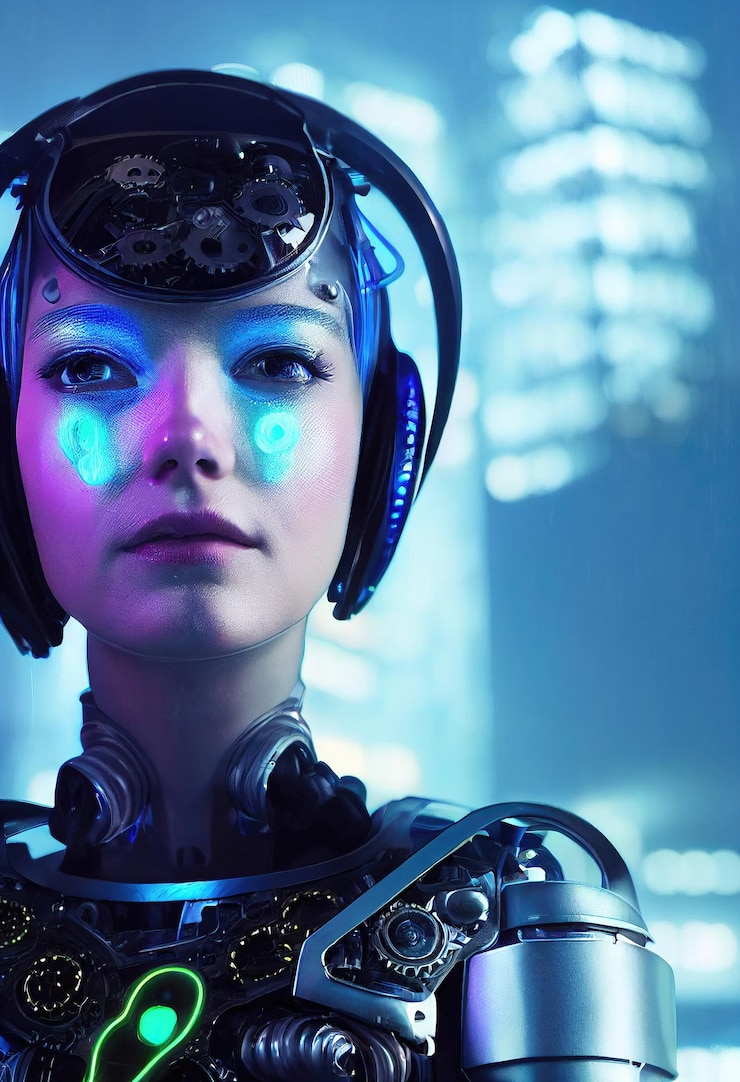 Foto retrato realista de una chica cyberpunk de neón de ciencia ficción en un traje cibernético. hombre futurista de alta tecnología