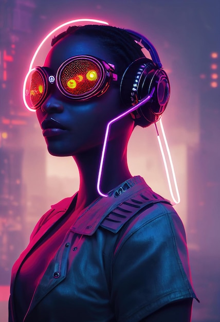 Un retrato realista de una chica de ébano con auriculares y equipo cyberpunk.