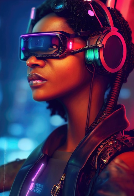 Un retrato realista de una chica de ébano con auriculares y equipo cyberpunk.