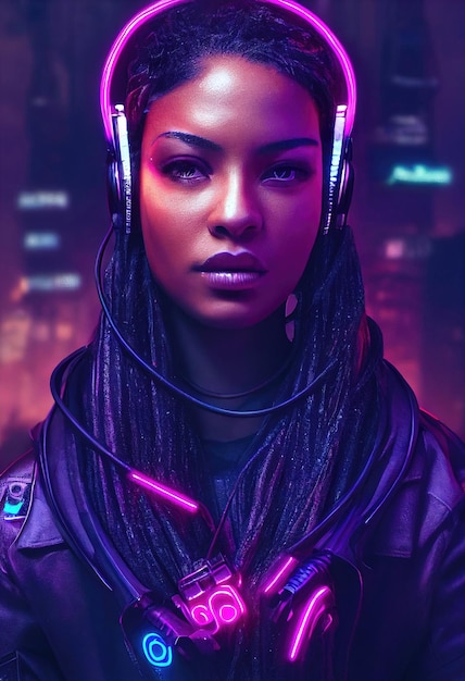 Un retrato realista de una chica de ébano con auriculares y equipo cyberpunk.