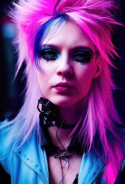 Retrato realista de una chica guapa punk ficticia con auriculares y cabello rosa azul. Chica inconformista.