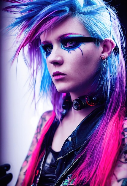 Retrato realista de una chica guapa punk ficticia con auriculares y cabello rosa azul.