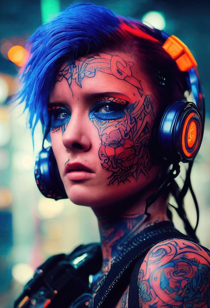 Retrato realista de una chica punk ficticia con auriculares y cabello azul.