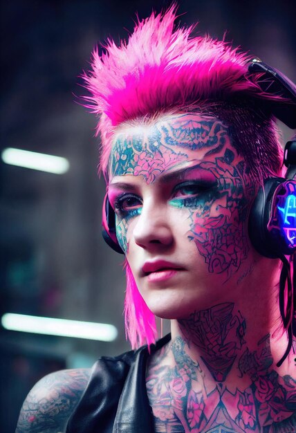 Retrato realista de una chica punk ficticia con auriculares y pelo rosa. Chica inconformista