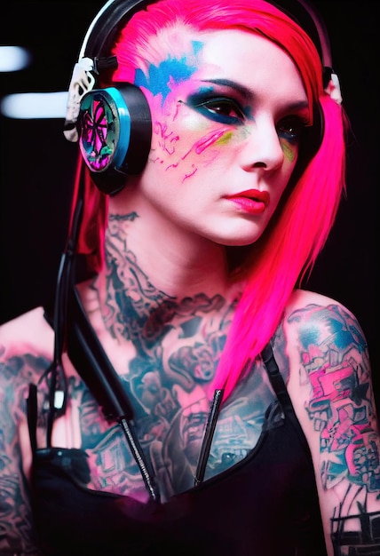 Retrato realista de una chica punk ficticia con auriculares y pelo rosa. Chica inconformista