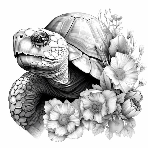 Foto retrato realista de tartaruga majestosa em preto e cinza com flores delicadas