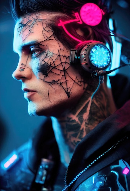 Retrato realista de um homem cyberpunk scifi em um traje cibernético. homem futurista de alta tecnologia