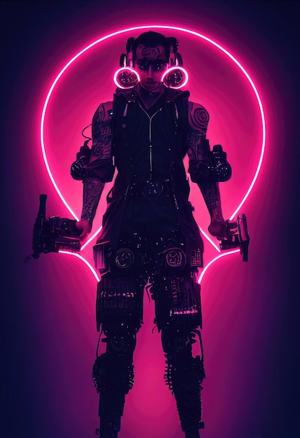 Retrato realista de um homem cyberpunk scifi em um traje cibernético. Homem futurista de alta tecnologia