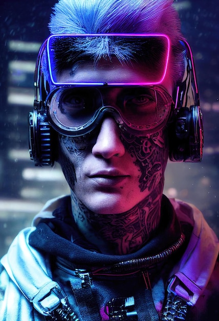 Retrato realista de um homem cyberpunk scifi em um traje cibernético. Homem futurista de alta tecnologia