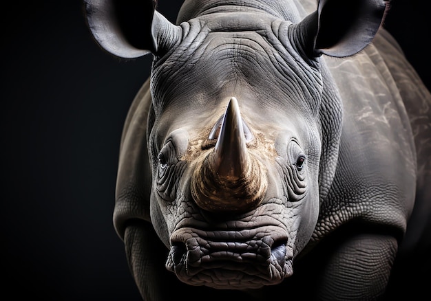 Foto retrato realista de um rinoceronte em fundo escuro gerado por ia