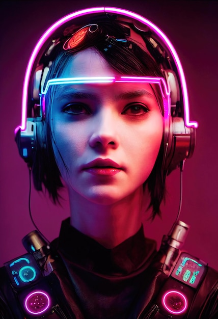 Retrato realista de uma garota cyberpunk de ficção científica. Mulher futurista de alta tecnologia do futuro.