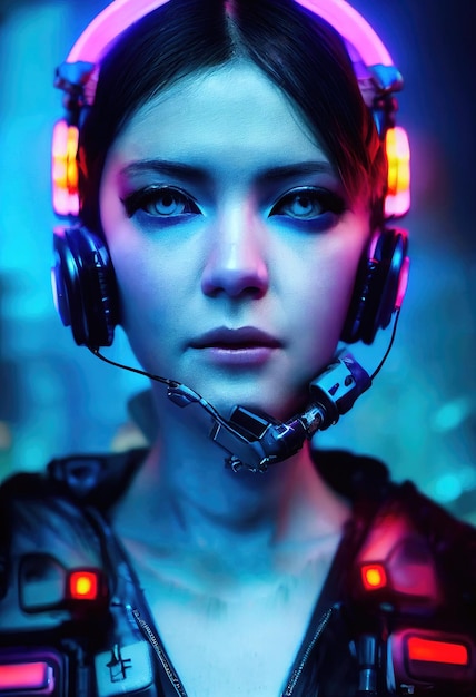 Retrato realista de uma garota cyberpunk de ficção científica. Mulher futurista de alta tecnologia do futuro.
