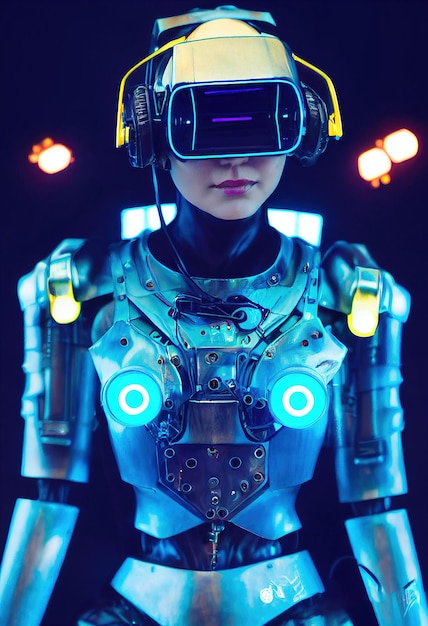 Retrato realista de uma garota cyberpunk scifi neon em um traje cibernético. Homem futurista de alta tecnologia